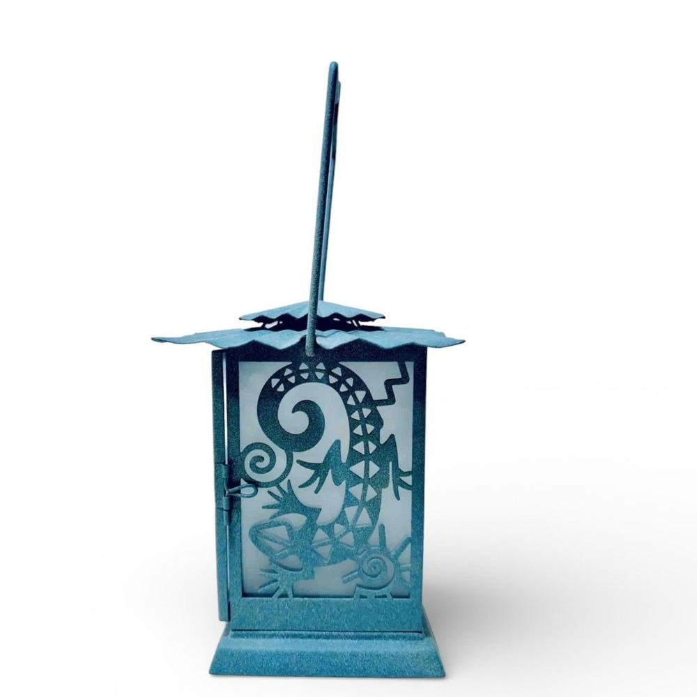 PartyLite Kokopelli Gecko Teal Metal Lantern Southwestern Candle Holder Vintage - Picture 6 of 12